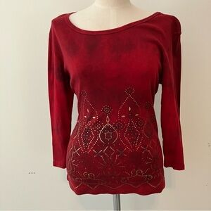 Vintage Suzie Women’s Sz.L Red Jersey Knit Tattoo 3/4 Sleeve Tee 90s Y2K Grunge